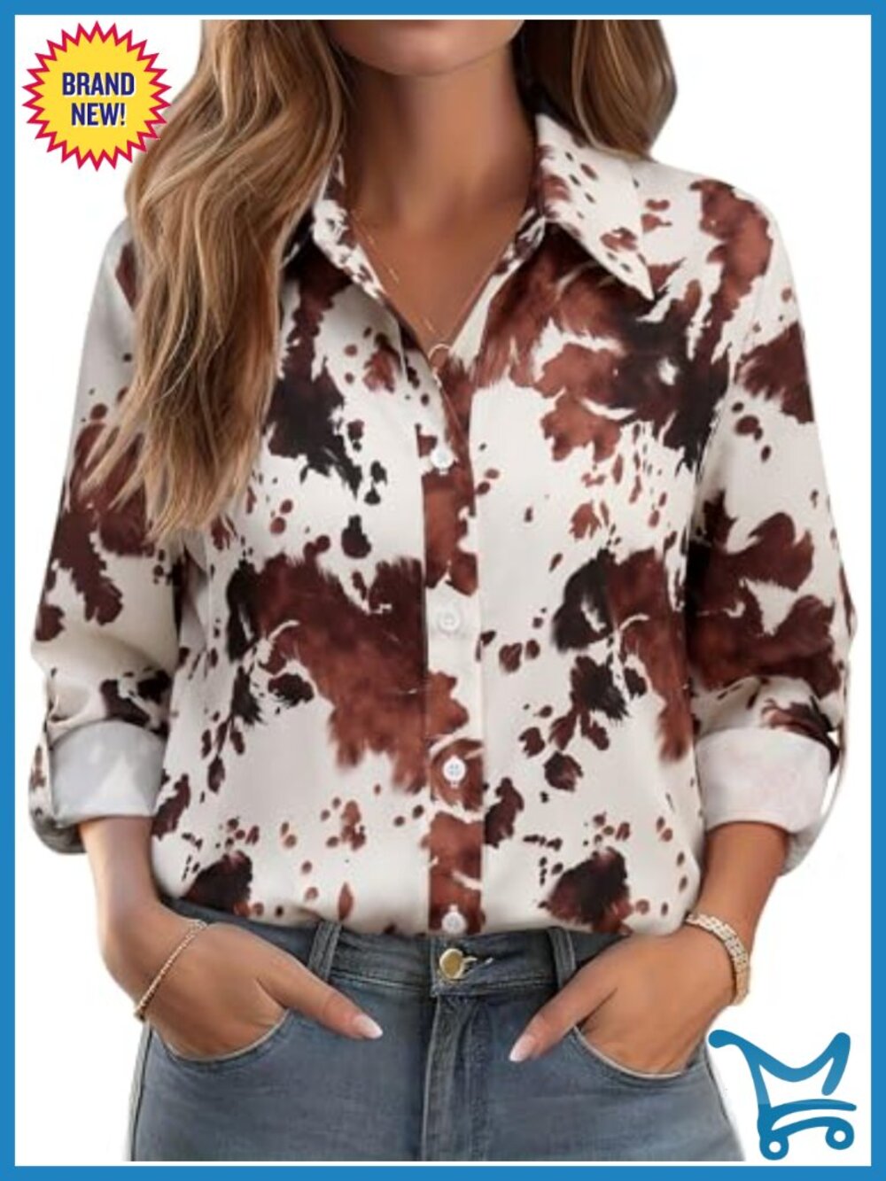 Western Cowgirl Rodeo Print Button Down Shirt Rolled 3/4 Sleeve Polyester